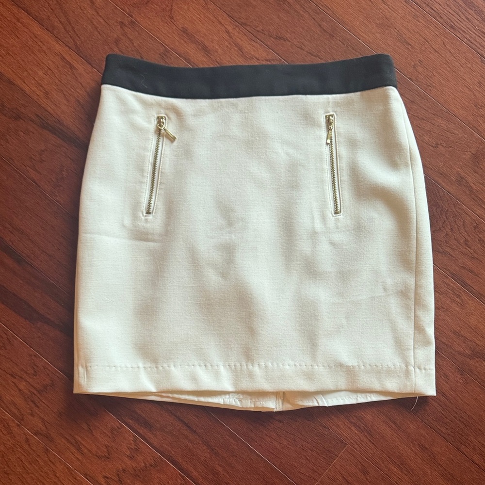 Cream Mini Skirt with Black Waistband and Gold Zippers